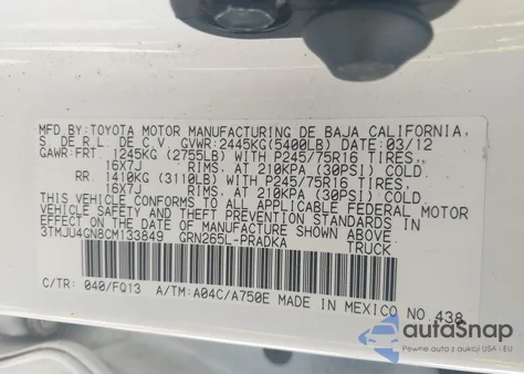 2012 Toyota Tacoma Double Cab Prerunner из США, поврежденный, VIN 3TMJU4GN8CM133849